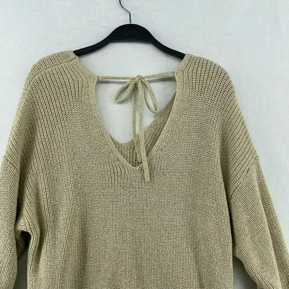 Loft Sweater Women's Sz 14 Plus Beige Knitted V-Neck Gold Metallic Tie-Back - Picture 8 of 12